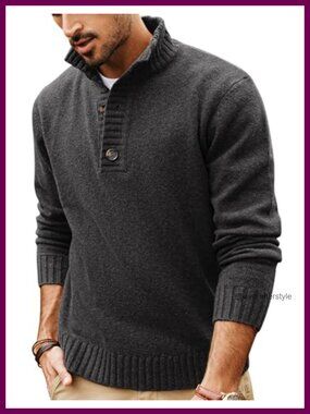 Mens Wool Blend Quarter Button Stand Collar Knit Pullover Sweater